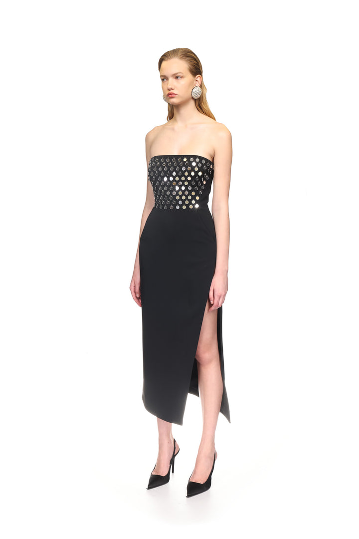 PLEXI MIRROR EMBROIDERED STRAPLESS DRESS