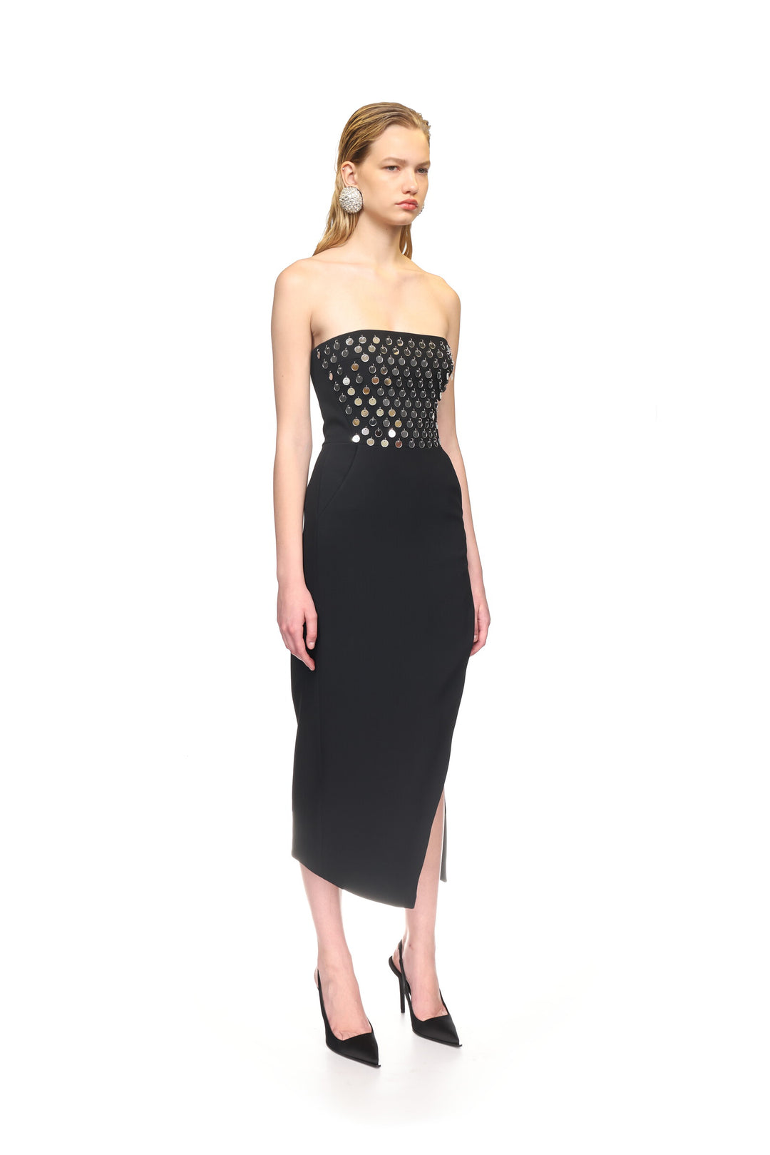 PLEXI MIRROR EMBROIDERED STRAPLESS DRESS