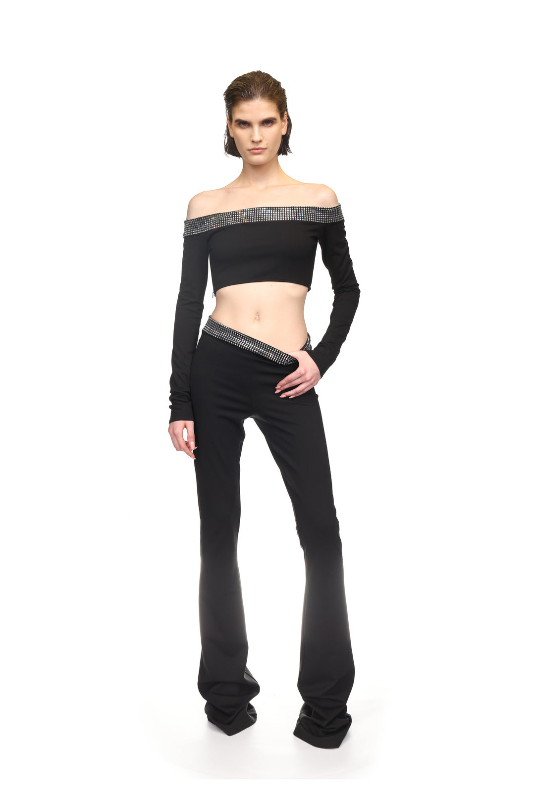 CRYSTAL HOTFIX OFF SHOULDER CROP TOP