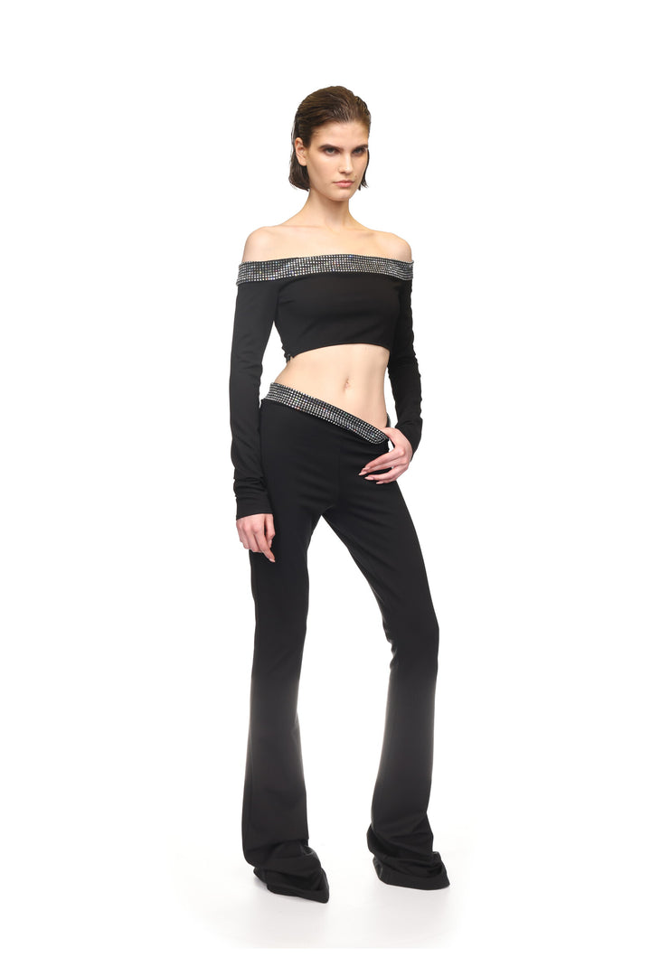 CRYSTAL HOTFIX OFF SHOULDER CROP TOP