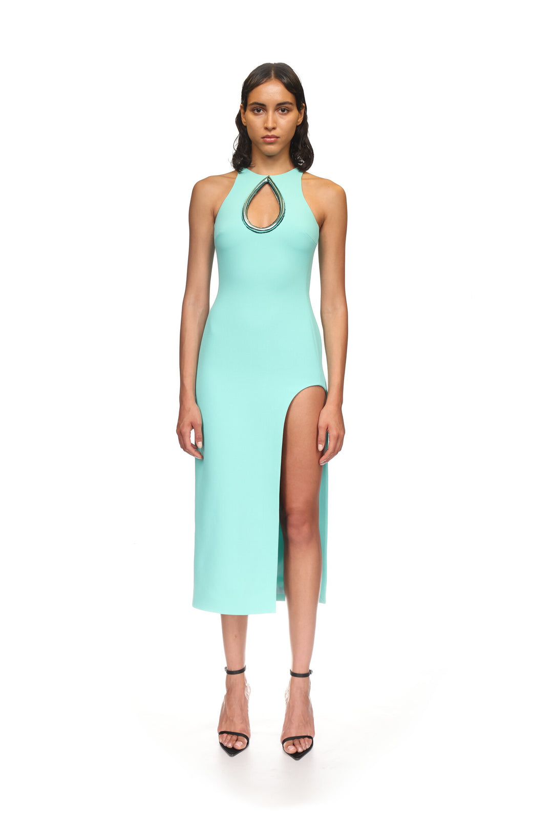 METALLIC TUBE TRIM AND CUTOUT MIDI DRESS