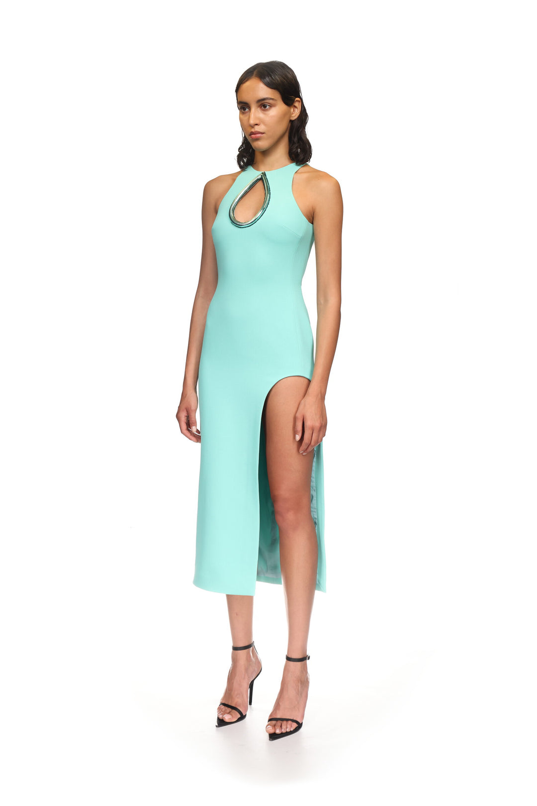 METALLIC TUBE TRIM AND CUTOUT MIDI DRESS