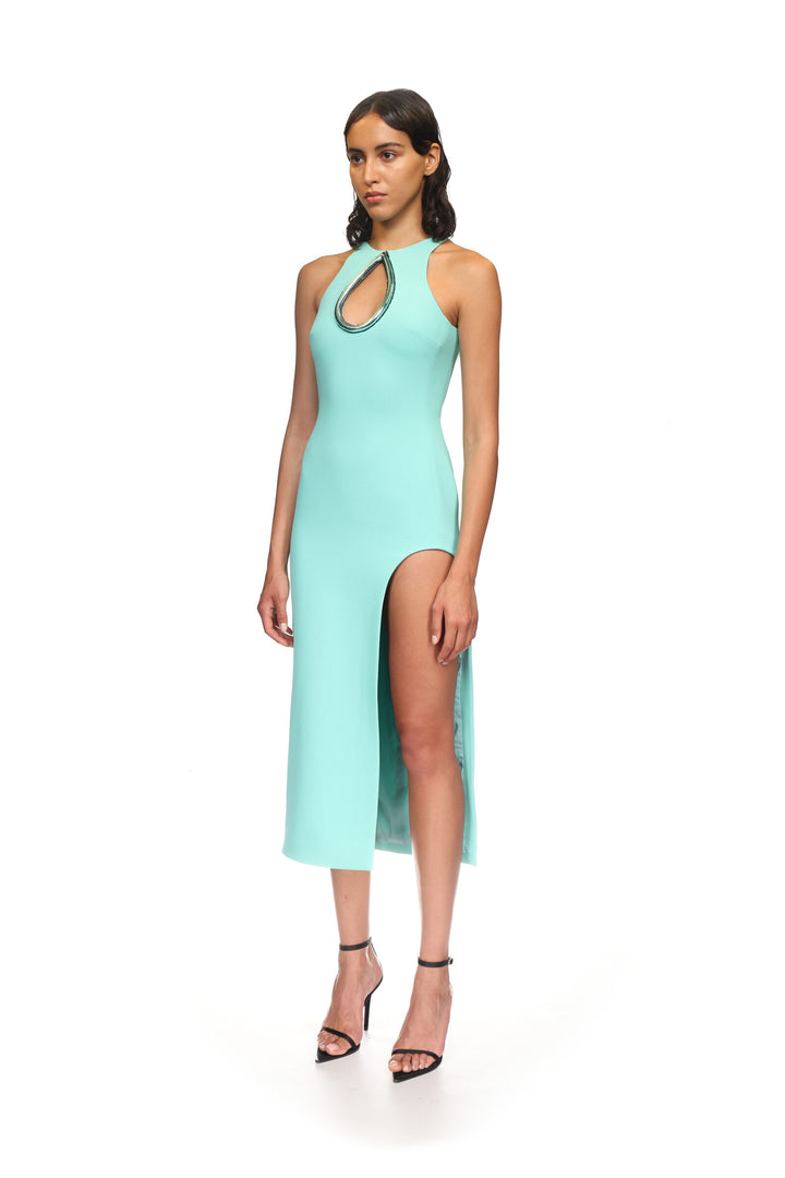 METALLIC TUBE TRIM AND CUTOUT MIDI DRESS