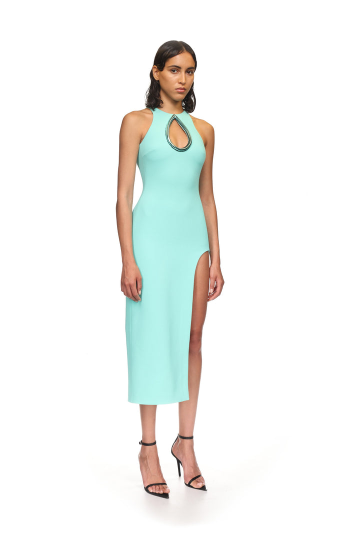 METALLIC TUBE TRIM AND CUTOUT MIDI DRESS