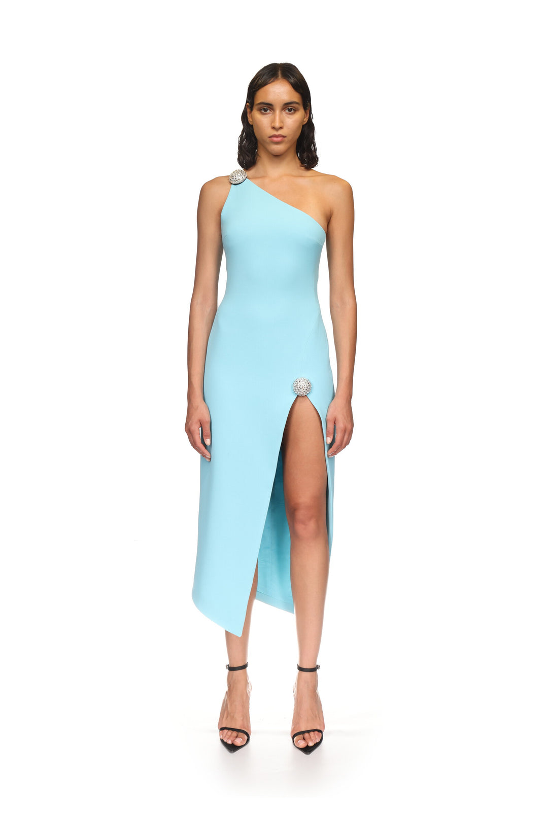 CRYSTAL BALL ONE SHOULDER MIDI DRESS