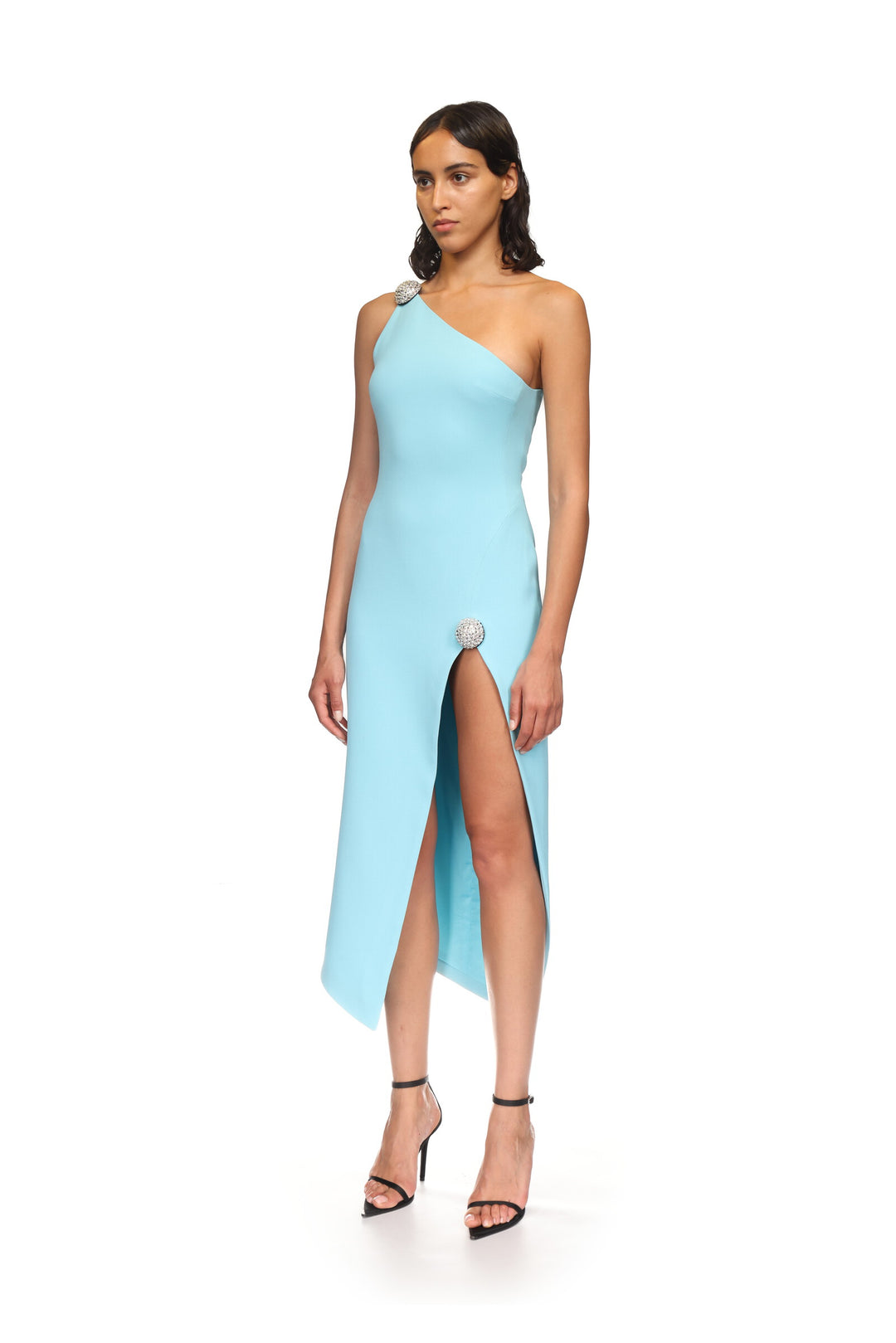 CRYSTAL BALL ONE SHOULDER MIDI DRESS