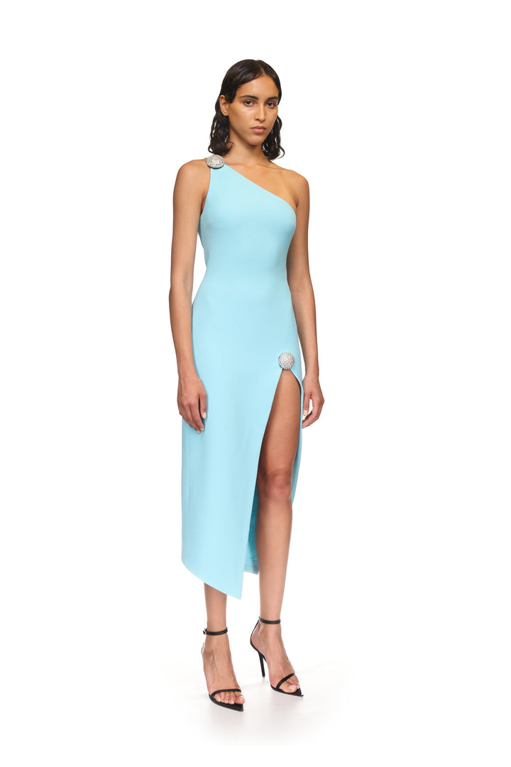 CRYSTAL BALL ONE SHOULDER MIDI DRESS