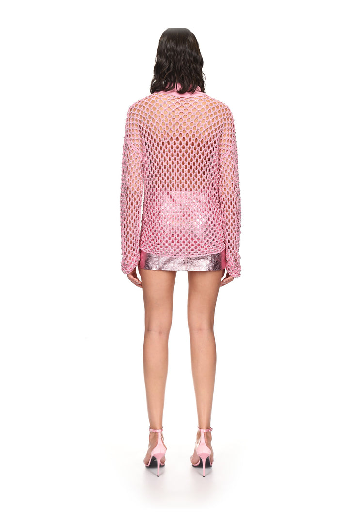 CRYSTAL EMBROIDERED NET CROCHET SHIRT