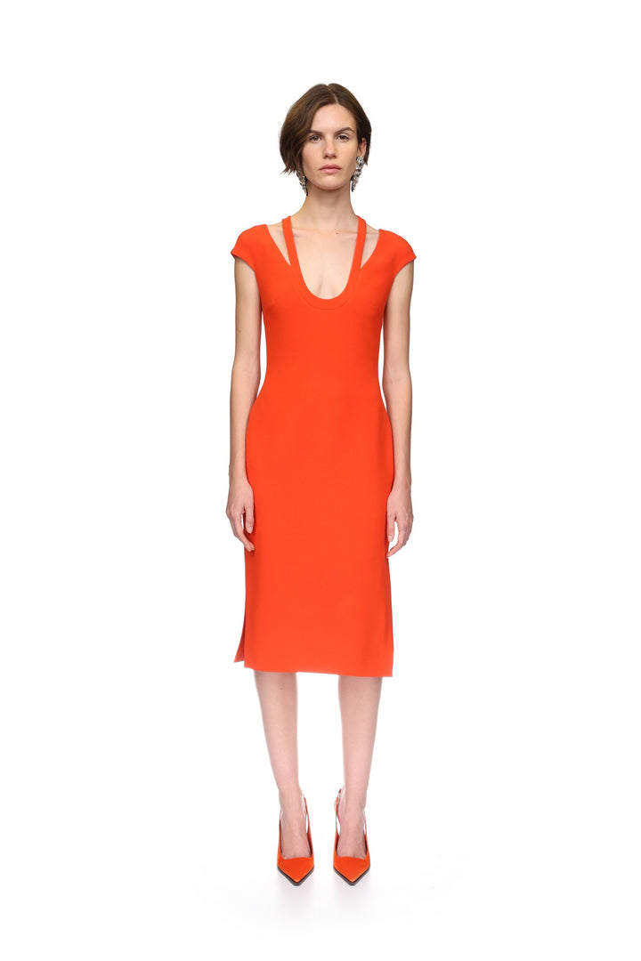 U SHAPE NECKLINE MIDI DRESS IN ORANGE
