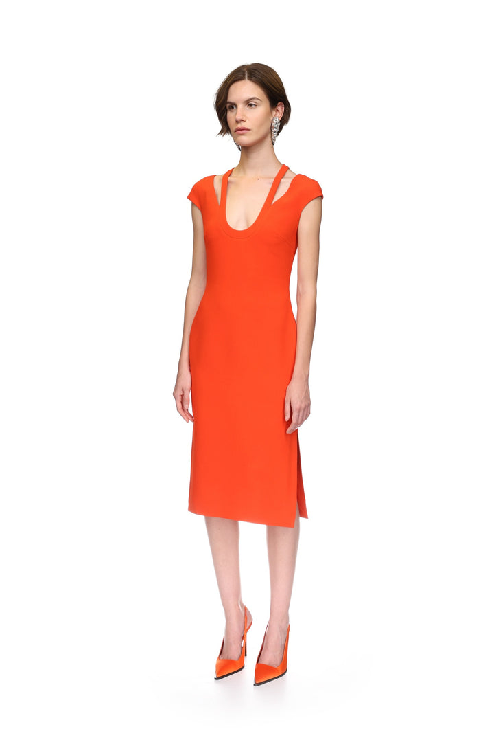U SHAPE NECKLINE MIDI DRESS IN ORANGE