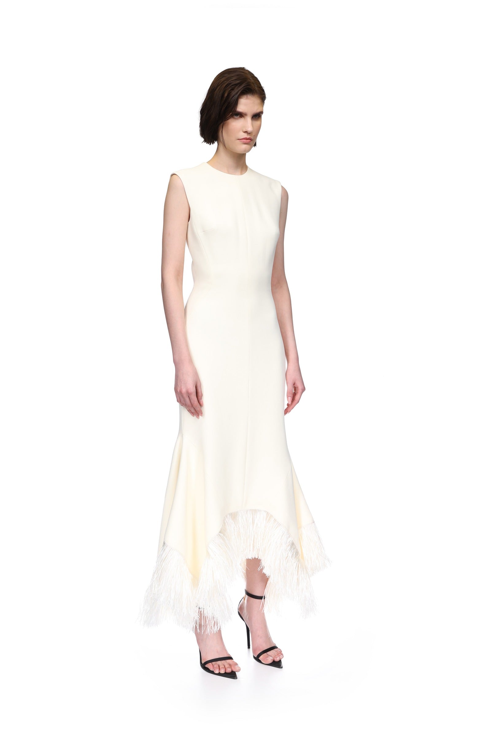 ワンピース DAVID KOMA Women Mid Skirts RE25DK57DL CREAM White RAFFIA FRINGE AND FLOUNCE HEM MIDI DRESS – David Koma
