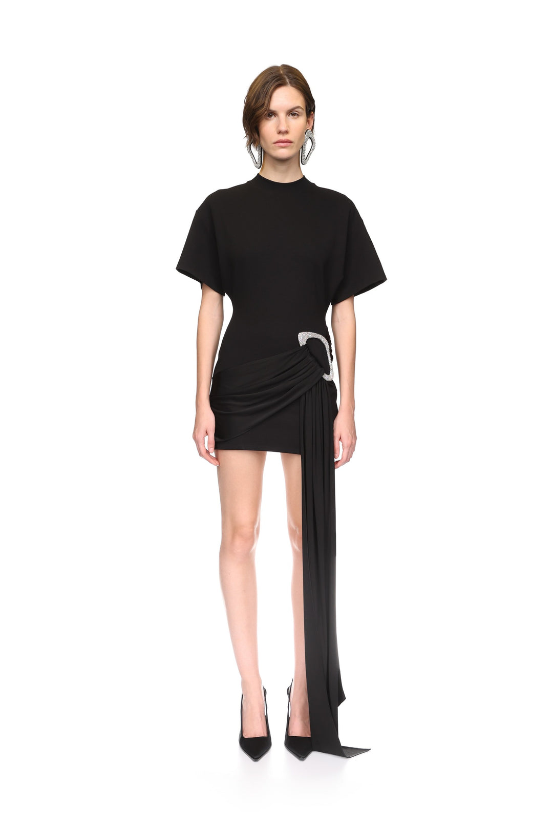 CRYSTAL BUCKLE AND DRAPE DETAIL MINI DRESS