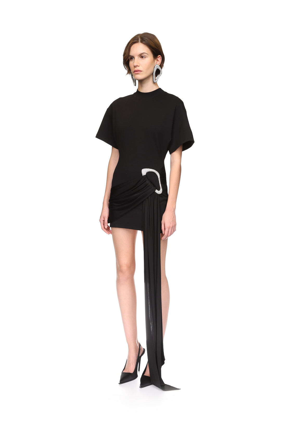 CRYSTAL BUCKLE AND DRAPE DETAIL MINI DRESS