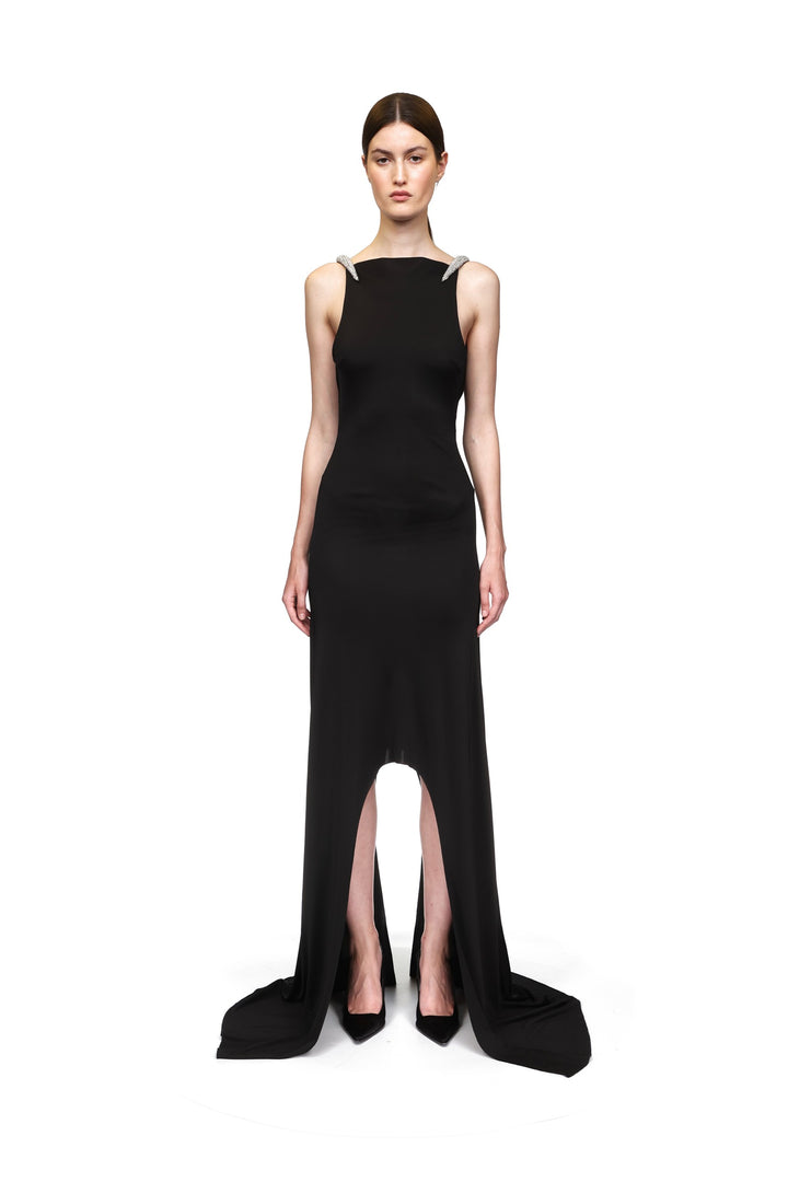 CRYSTAL CLAW DETAIL ASYMMETRIC HEM GOWN