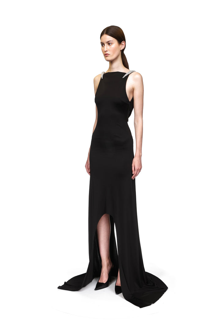CRYSTAL CLAW DETAIL ASYMMETRIC HEM GOWN