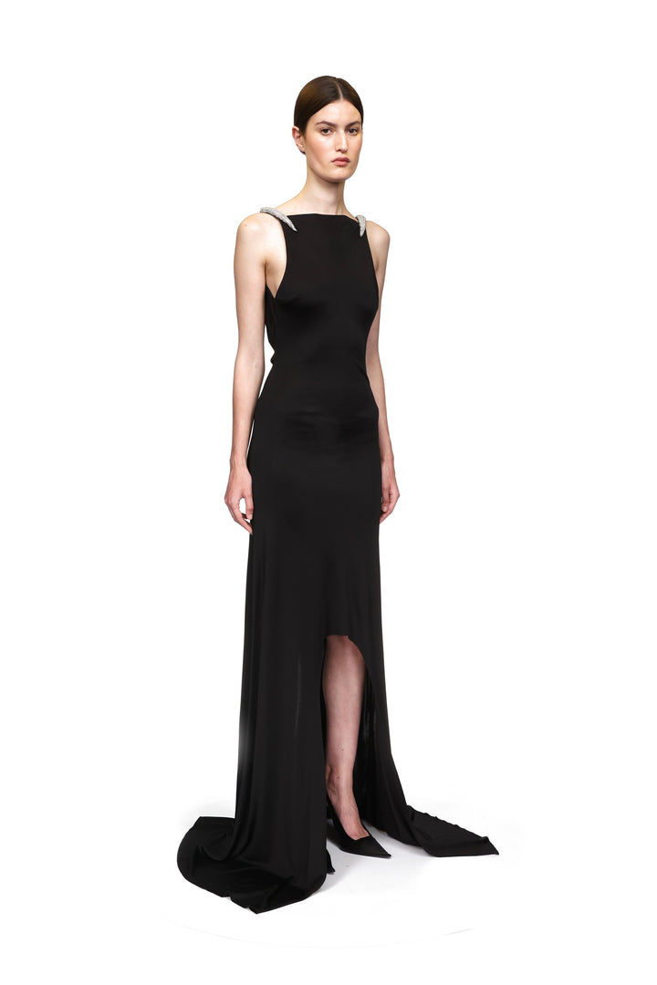 CRYSTAL CLAW DETAIL ASYMMETRIC HEM GOWN