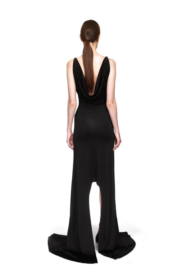 CRYSTAL CLAW DETAIL ASYMMETRIC HEM GOWN