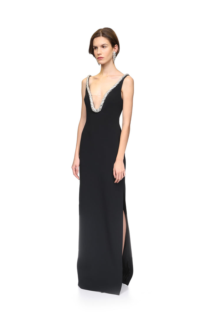 CRYSTAL EMBROIDERED NECKLINE GOWN