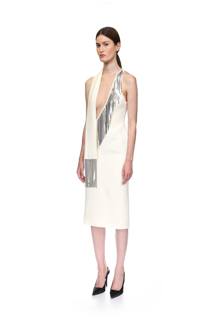SILVER CHAIN FRINGE MIDI DRESS