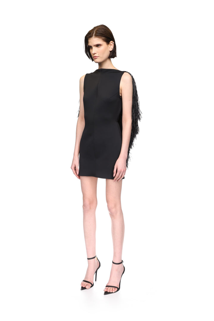 OPEN BACK RAFFIA FRINGE DETAIL MINI DRESS