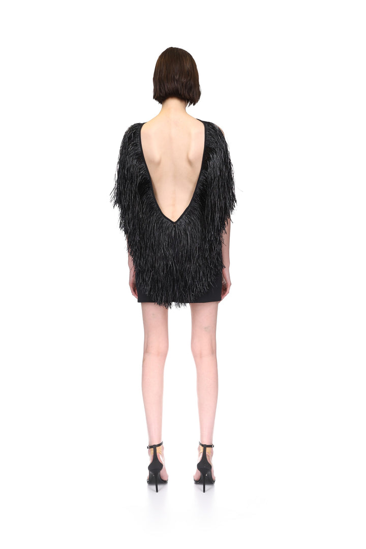 OPEN BACK RAFFIA FRINGE DETAIL MINI DRESS