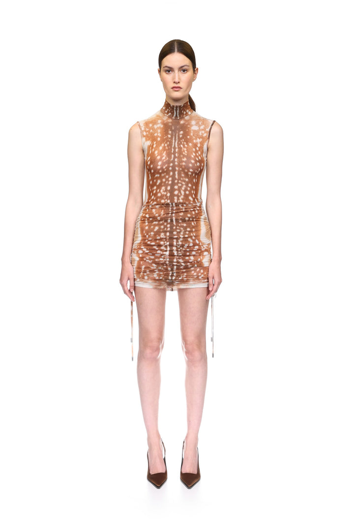 DEER HIDE PRINT RUSHED MINI DRESS