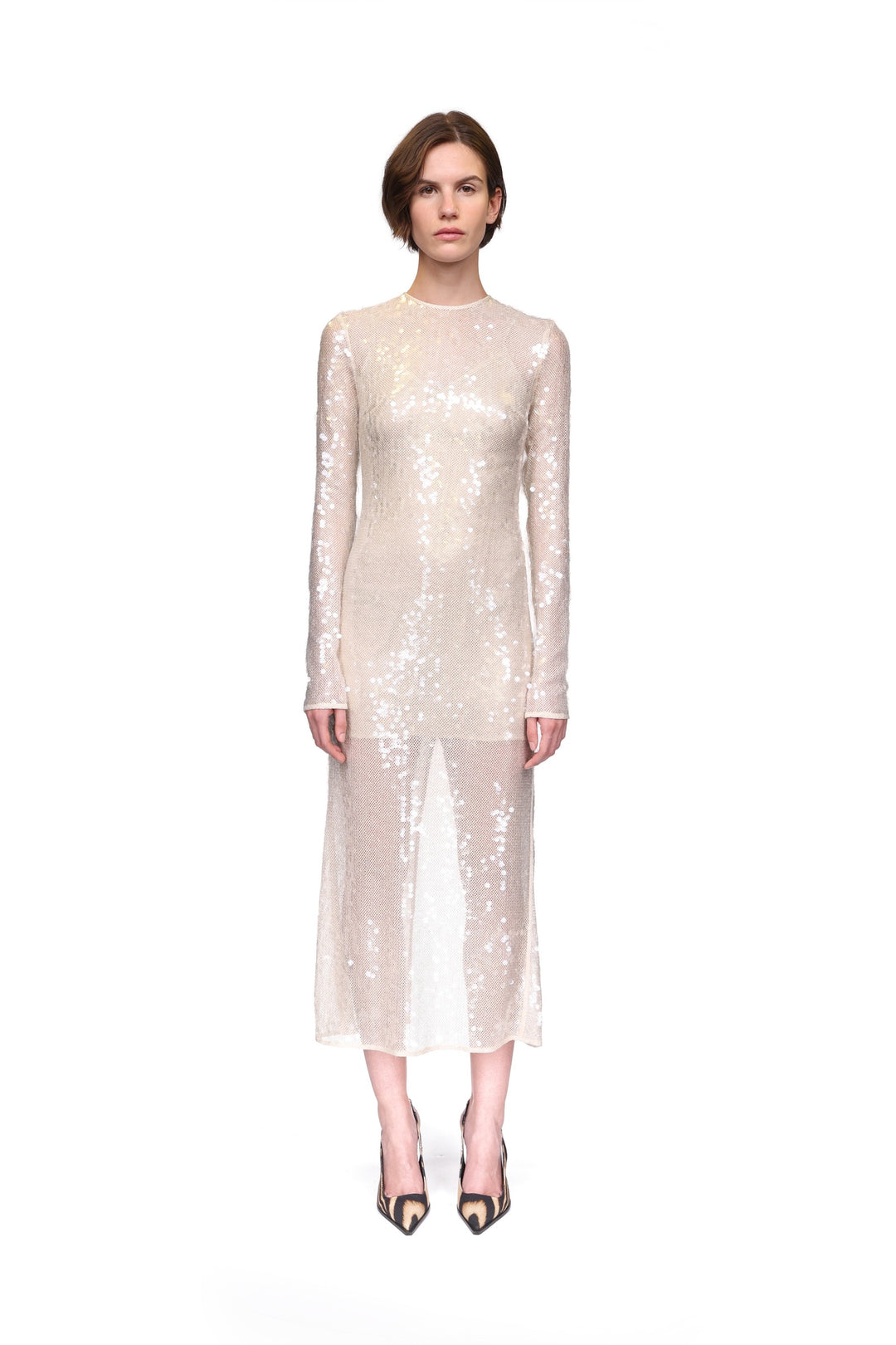 david koma sequined midi dress David Koma LONG SLEEVED Sequin Midi Dress Cream / UK 10