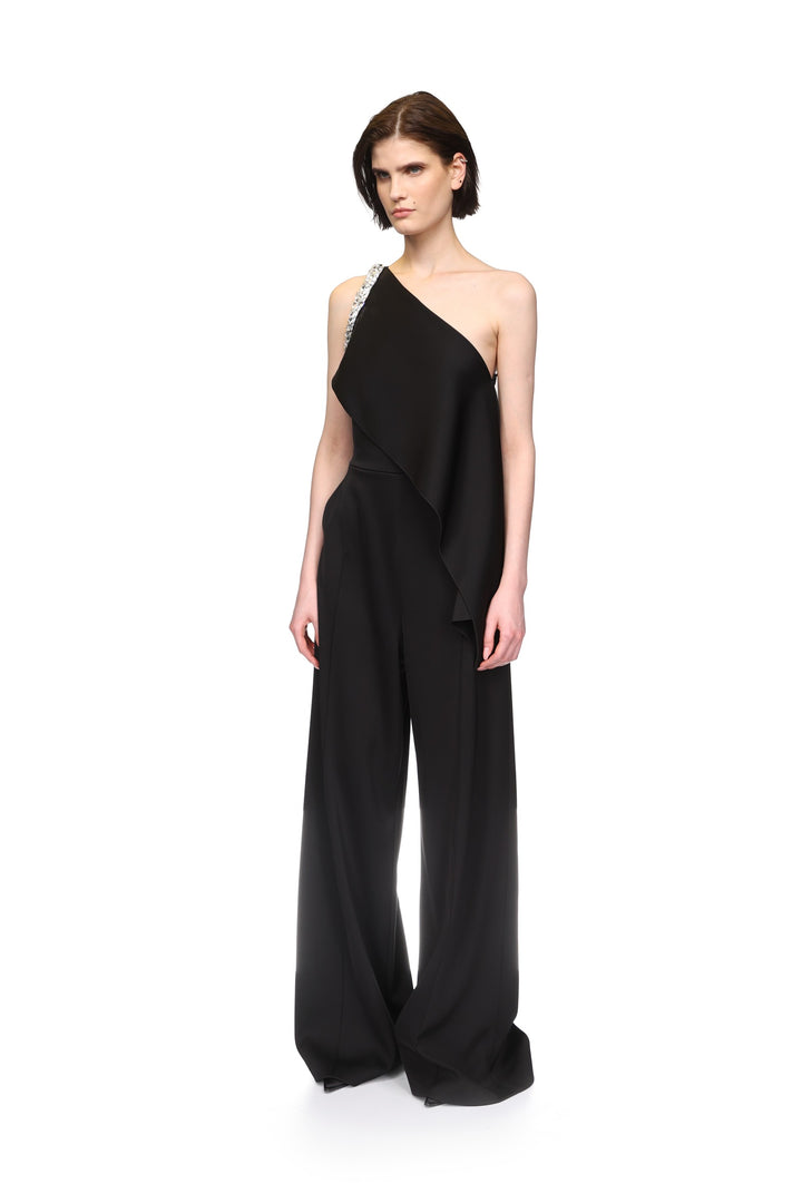 CRYSTAL CLAW EMBR DETAIL DRAPED JUMPSUIT