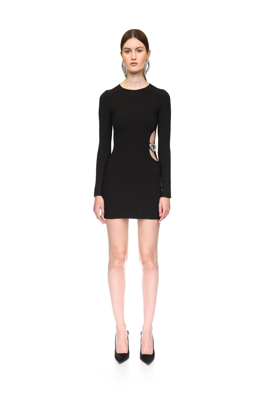 CRYSTAL BUCKLE AND CUTOUT KNIT MINI DRESS