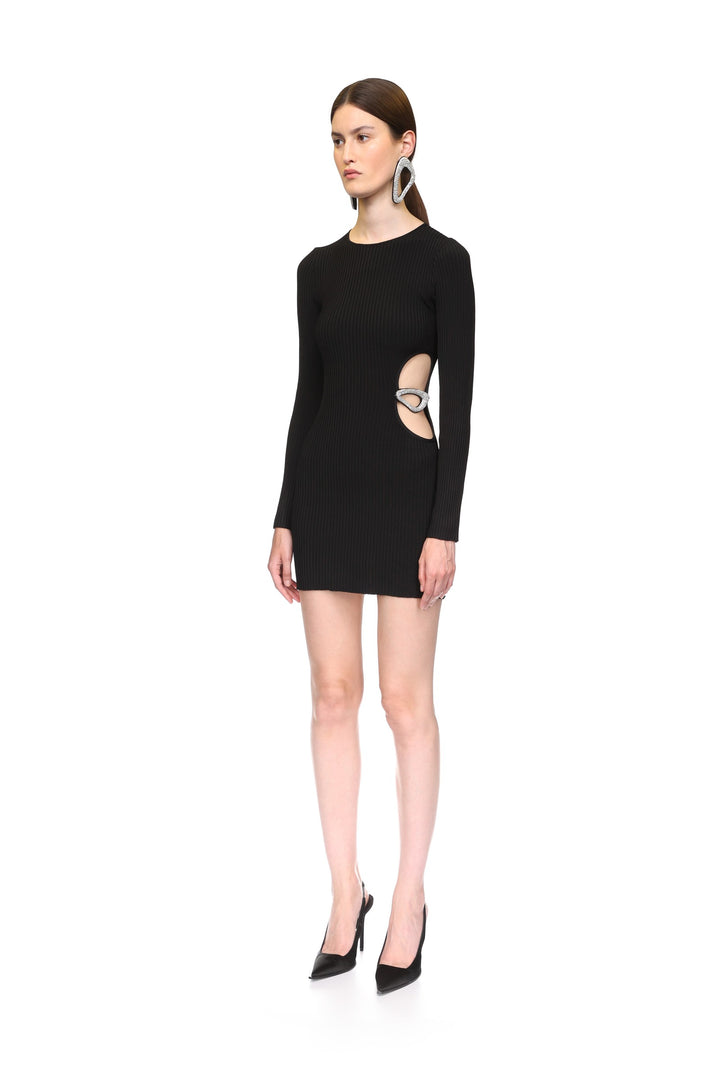 CRYSTAL BUCKLE AND CUTOUT KNIT MINI DRESS