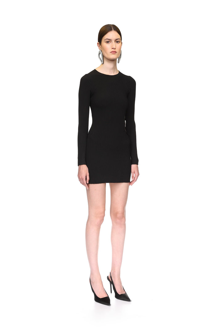 CRYSTAL BUCKLE AND CUTOUT KNIT MINI DRESS