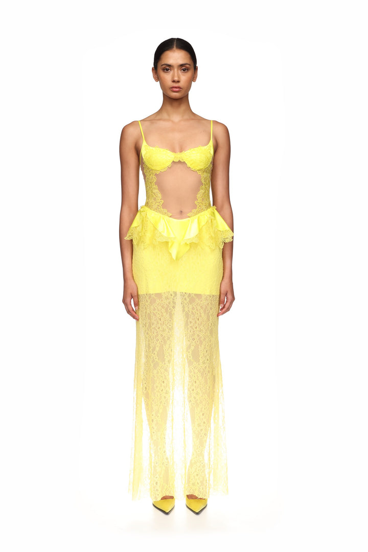 PEPLUM LACE GOWN IN YELLOW