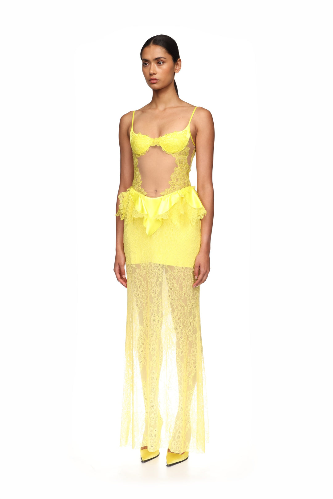 PEPLUM LACE GOWN IN YELLOW