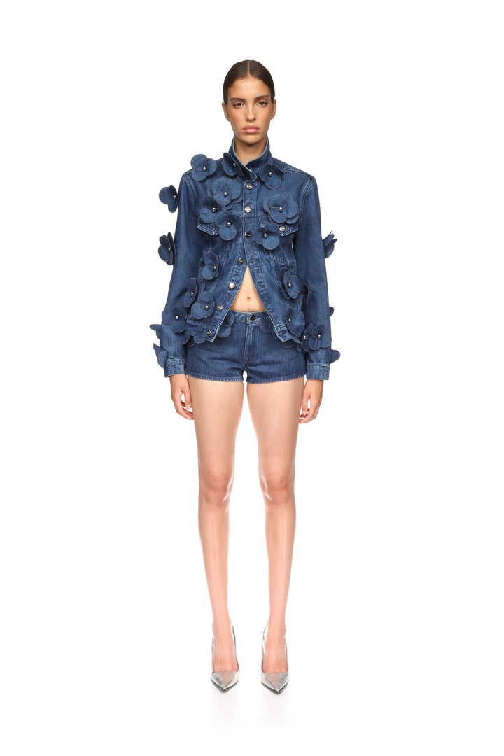 3D FLOWER DENIM JACKET IN INDIGO