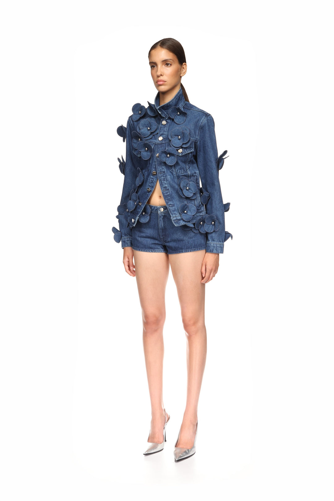 3D FLOWER DENIM JACKET IN INDIGO