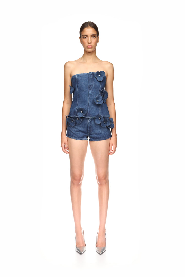 3D FLOWER DENIM CORSET TOP IN INDIGO