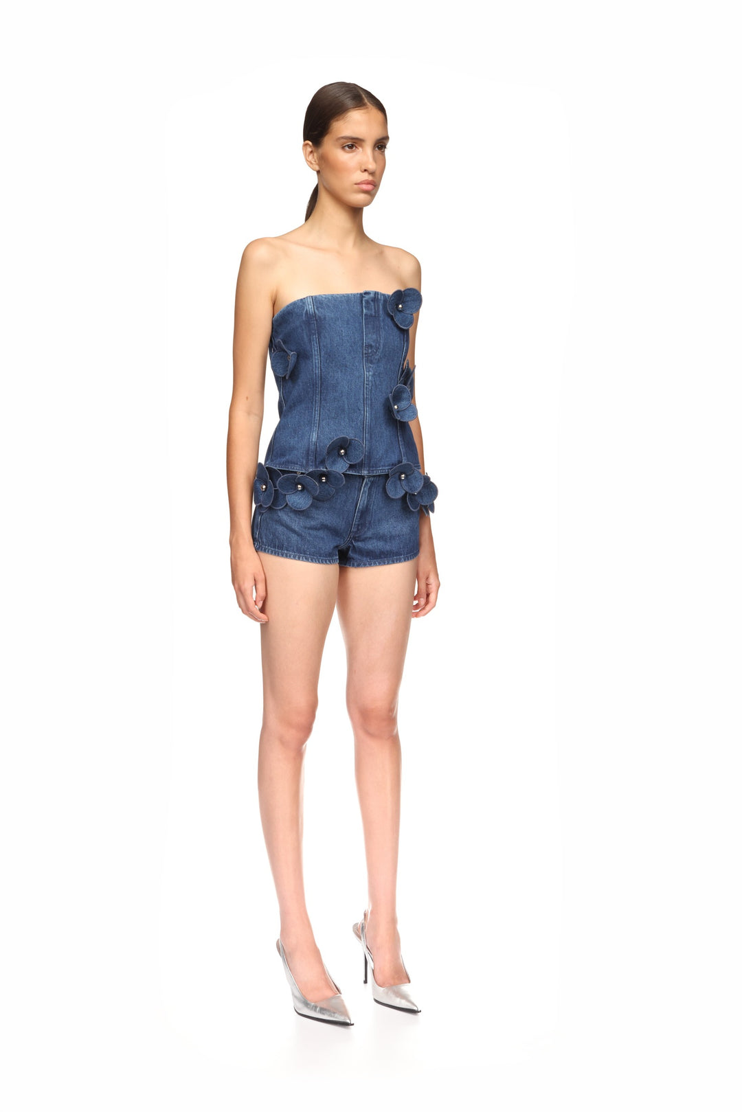 3D FLOWER DENIM CORSET TOP IN INDIGO
