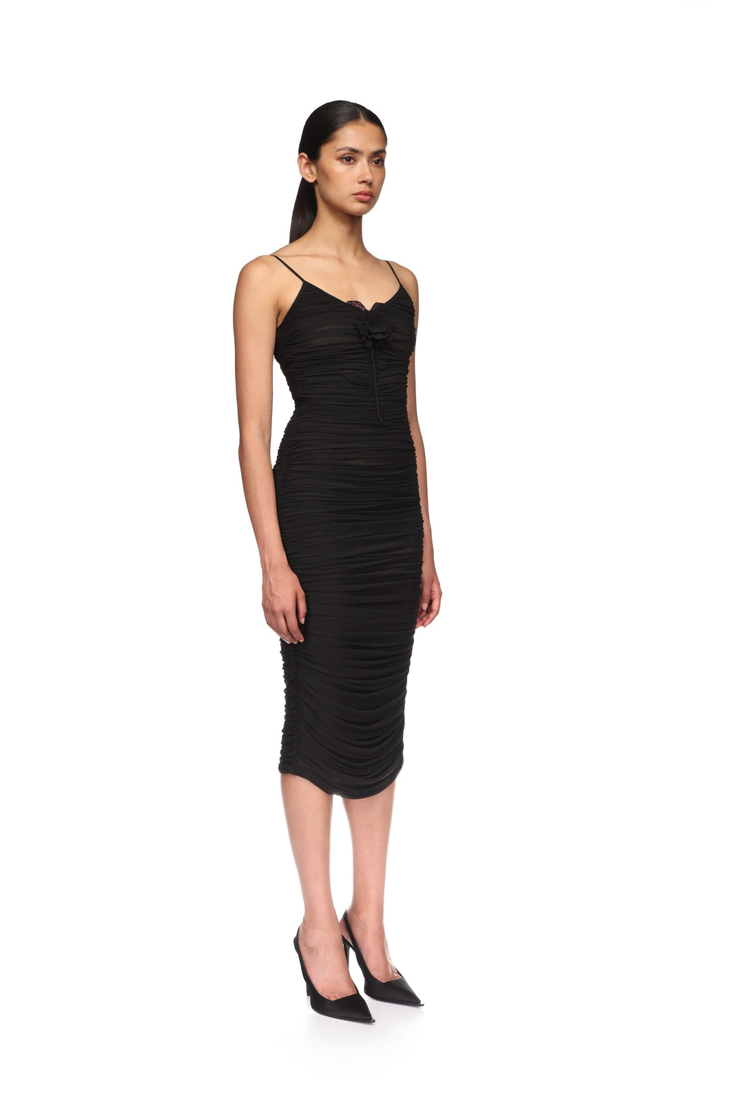 LACE ROSE EMBROIDERED RUCHED MIDI DRESS