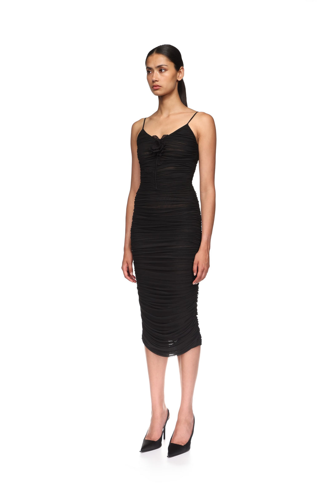 LACE ROSE EMBROIDERED RUCHED MIDI DRESS