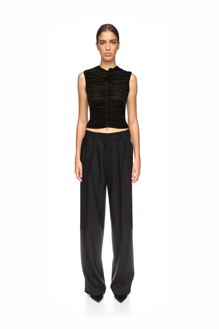 LACE ROSE EMBROIDERED RUCHED TOP