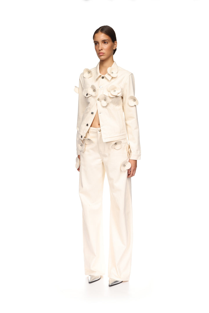 3D FLOWER DENIM JACKET IN ECRU