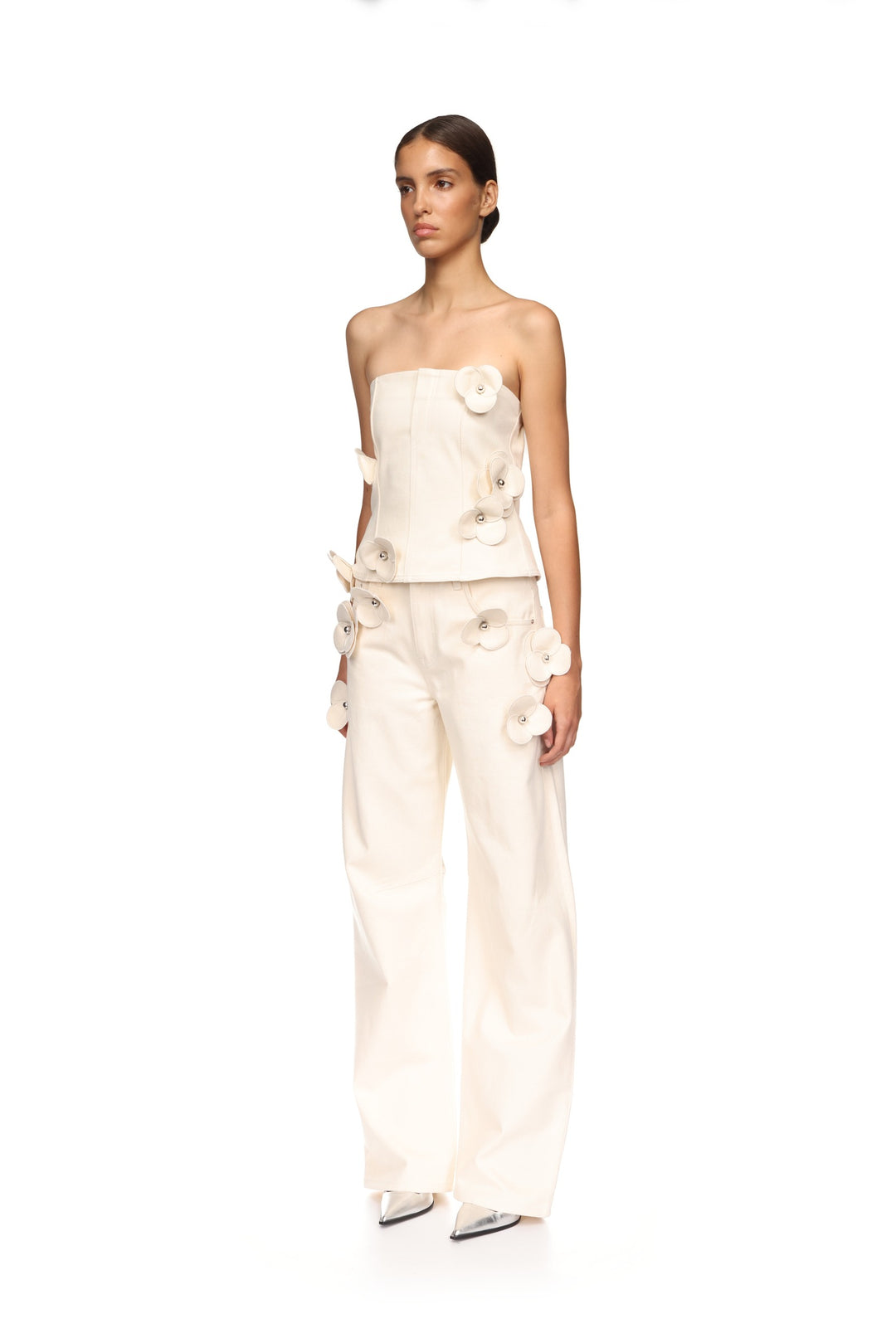 3D FLOWER DENIM CORSET TOP IN ECRU