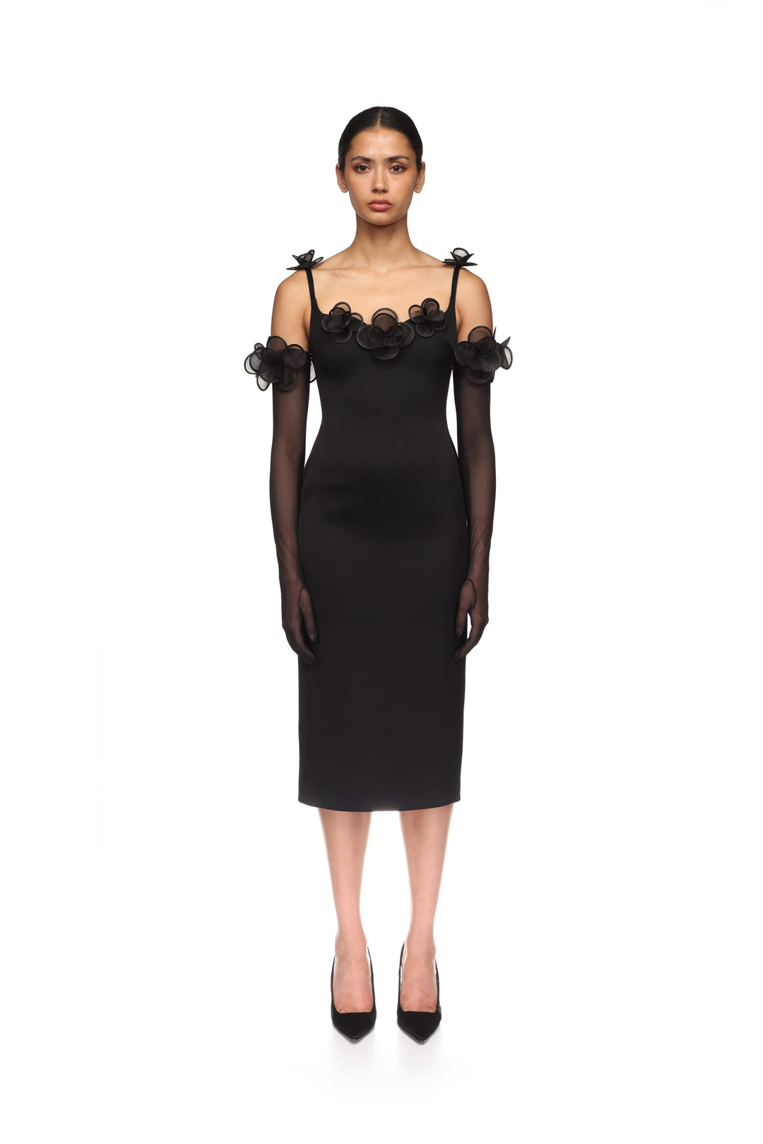 3D LACE FLOWER SATIN MIDI DRESS IN BLACK