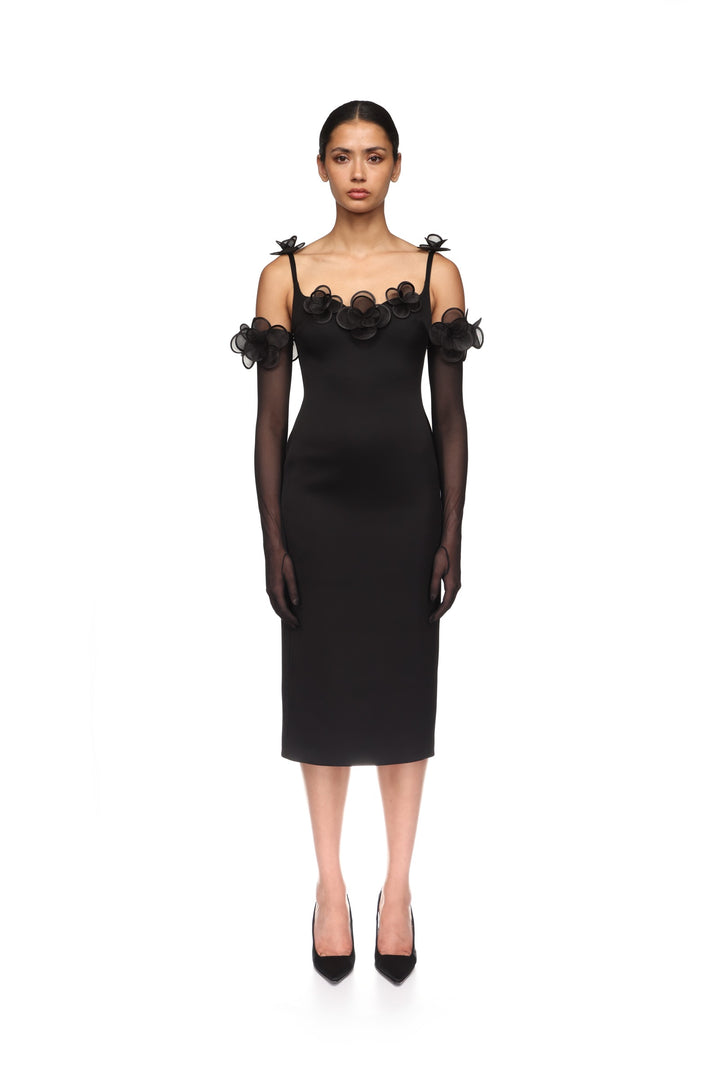 3D LACE FLOWER SATIN MIDI DRESS IN BLACK