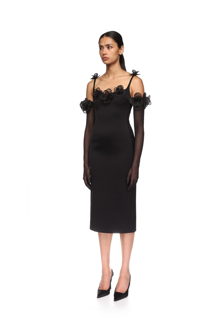 3D LACE FLOWER SATIN MIDI DRESS IN BLACK