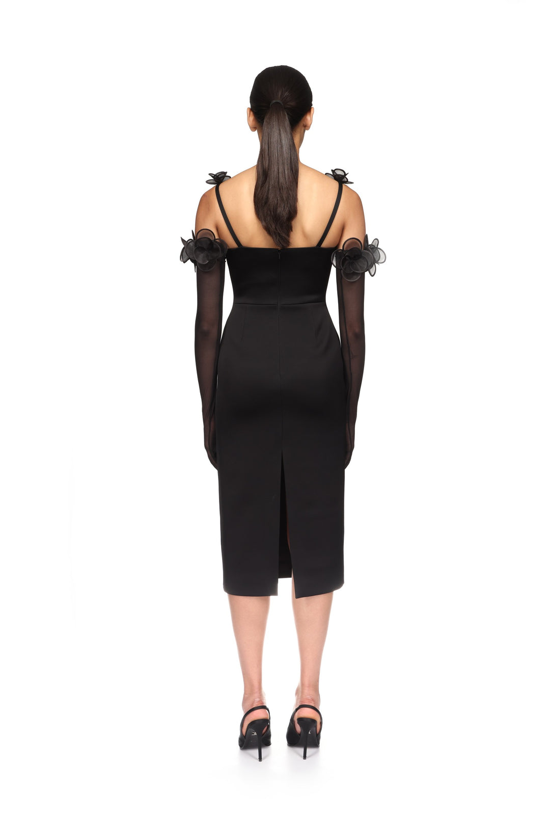 3D LACE FLOWER SATIN MIDI DRESS IN BLACK