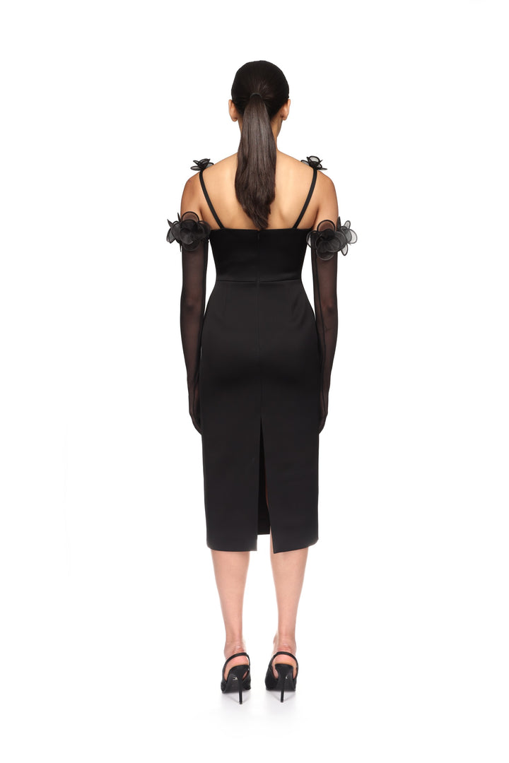 3D LACE FLOWER SATIN MIDI DRESS IN BLACK