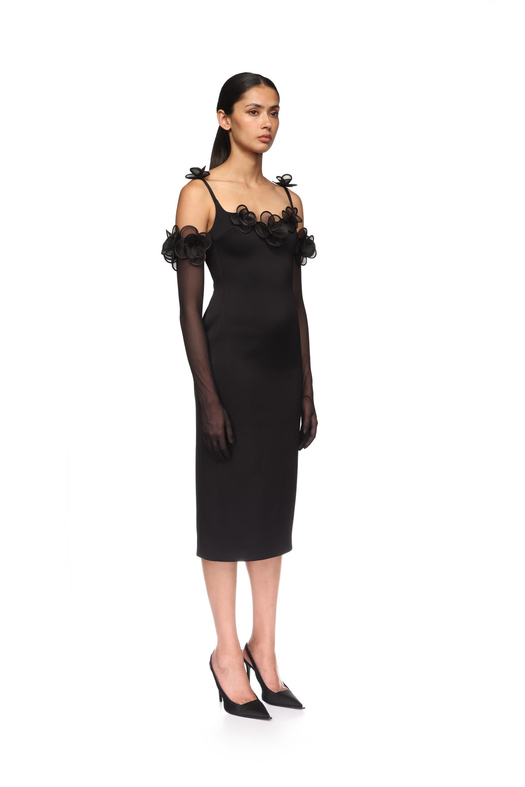 3D LACE FLOWER SATIN MIDI DRESS IN BLACK