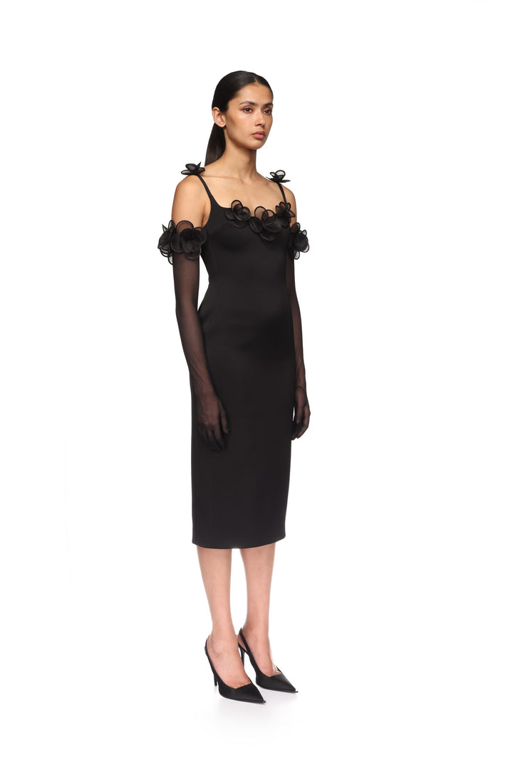 3D LACE FLOWER SATIN MIDI DRESS IN BLACK