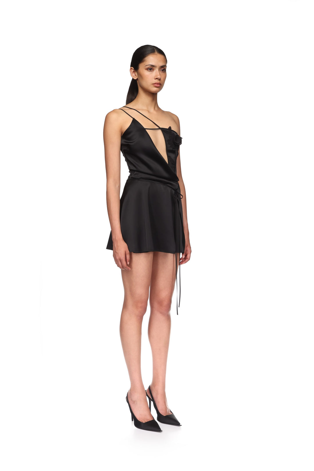 LACE ROSE AND CUTOUT SATIN MINI DRESS